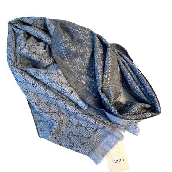 Gucci 411115 Gray and Blue 100% Wool GG Monogram Stencil Scarf - Picture 7 of 15